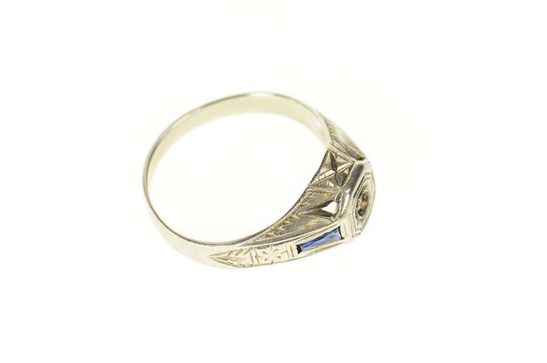 14K White Gold Art Deco 2.5mm Sapphire Accent Setting Ring