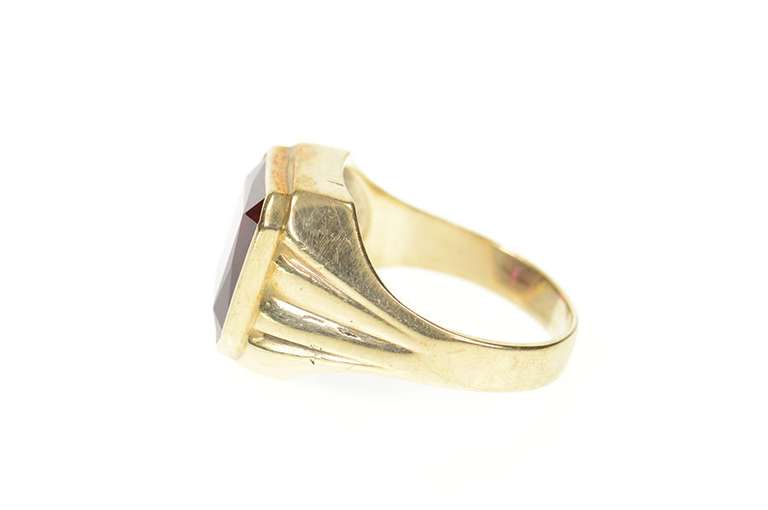 10K Yellow Gold Emerald Cut Syn. Ruby Men's Retro Statement Ring