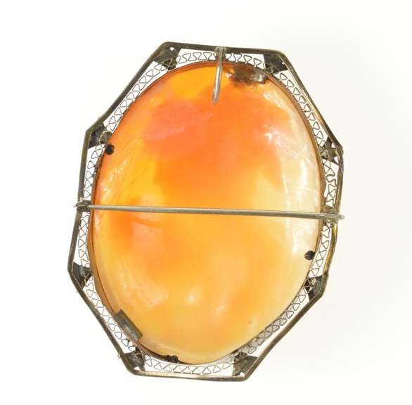 14K Yellow Gold Art Deco Ornate Carved Lady Cameo Filigree Pendant/Pin