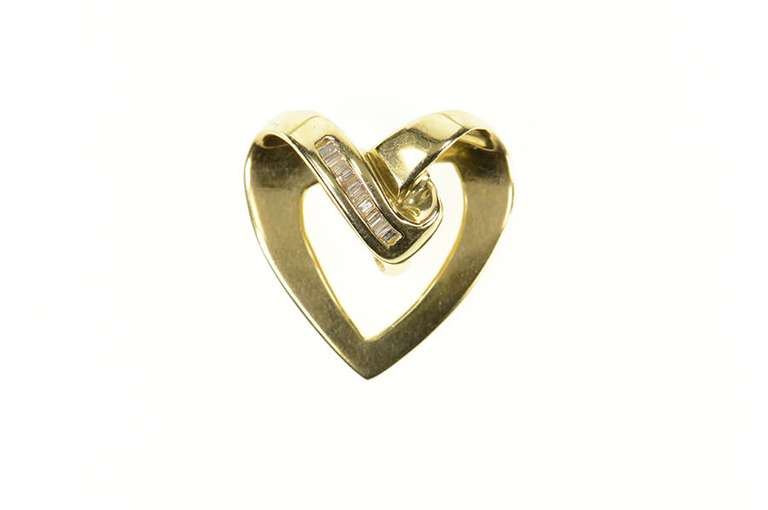 14K Yellow Gold Wavy Curvy Baguette Diamond Heart Love Pendant