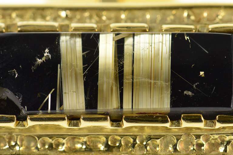 18K Yellow Gold Men's Rutilated Quartz Black Onyx Ornate Cuff Links