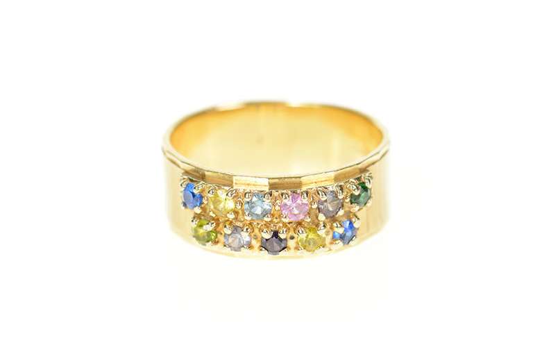 14K Yellow Gold Retro Gem Encrusted Textured Statement Band Ring