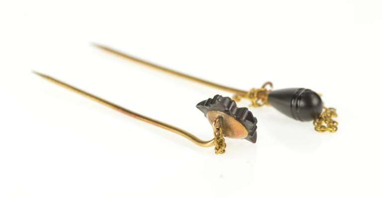 18K Yellow Gold Bakelite Flower Carved Tear Drop Seed Pearl Stick Pin