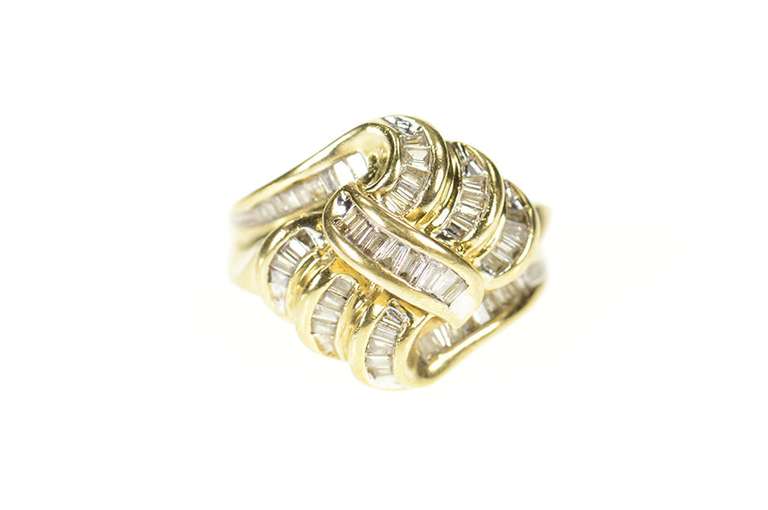 10K Yellow Gold Wavy Baguette Statement Diamond Encrusted Ring