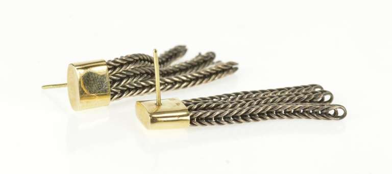 14K Yellow Gold Two Tone Foxtail Chain Dangle Statement Earrings