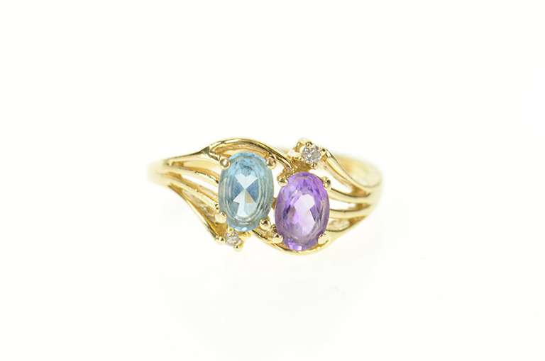 14K Yellow Gold Amethyst Blue Topaz Diamond Accent Bypass Ring
