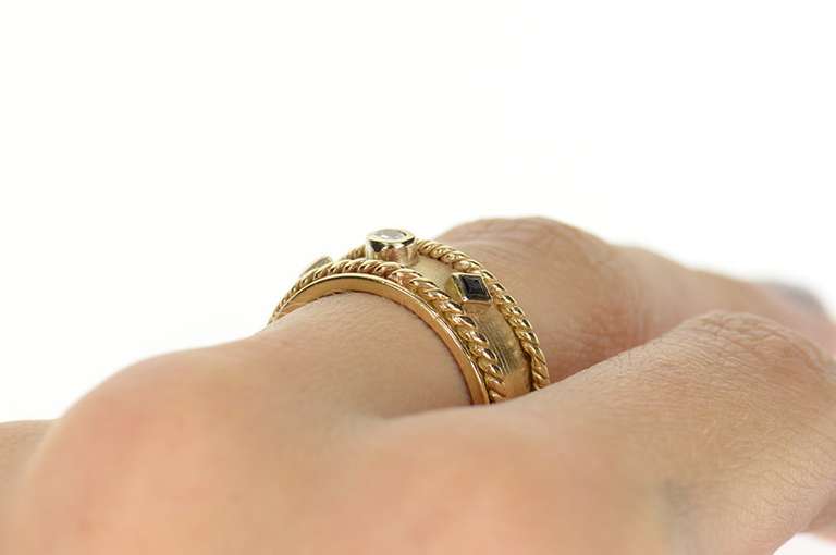 14K Yellow Gold Diamond Sapphire Rope Trim Ornate Band Ring