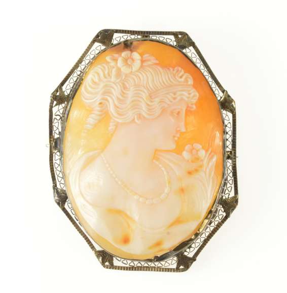 14K Yellow Gold Art Deco Ornate Carved Lady Cameo Filigree Pendant/Pin