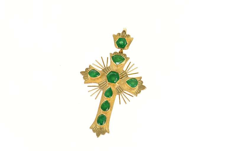 18K Yellow Gold 4.70 Ctw Victorian Natural Emerald Cross Pendant
