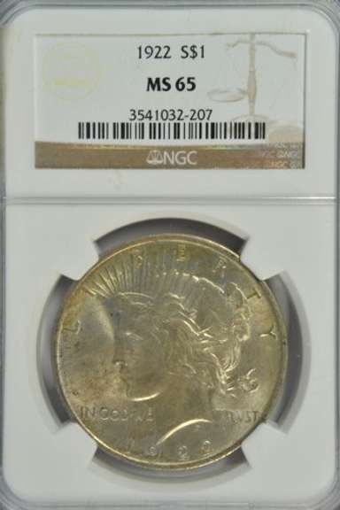 Gem BU 1922 Peace Silver Dollar. NGC MS65