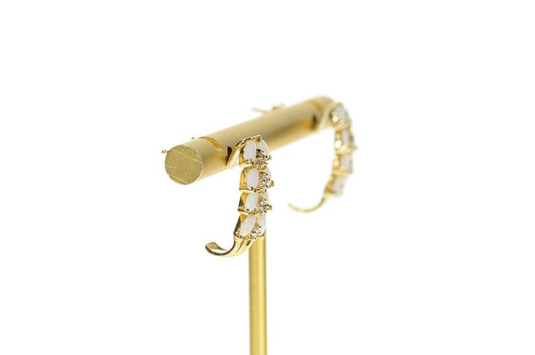 14K Yellow Gold Pear Opal Diamond Accent Curved Bar Earrings
