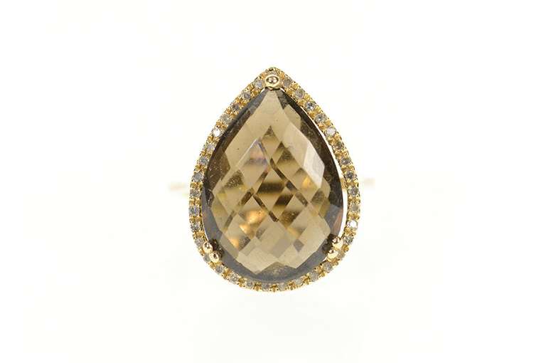 14K Yellow Gold Pear Faceted Smoky Quartz Diamond Halo Ring