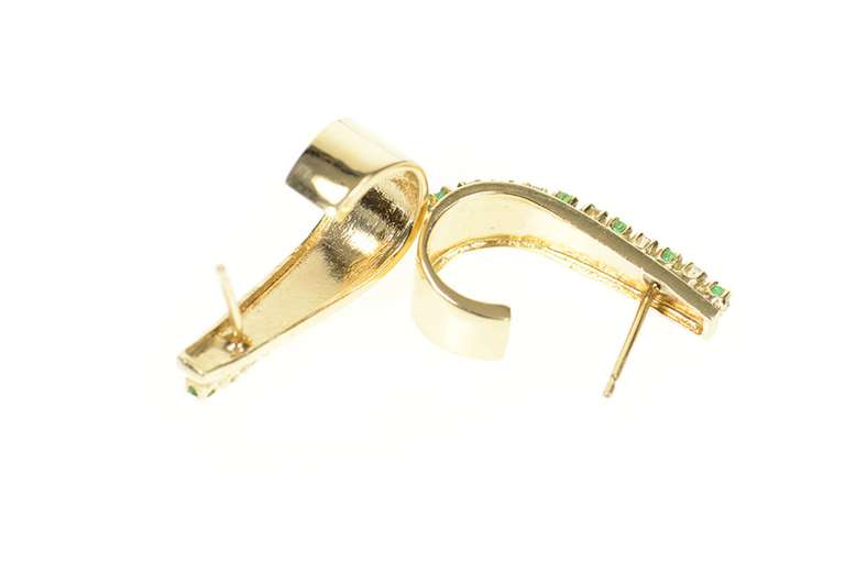 10K Yellow Gold Retro Diamond Emerald Curved Bar Semi Hoop Earrings