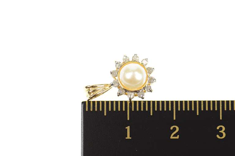 14K Yellow Gold Classic Pearl Diamond Halo Statement Pendant
