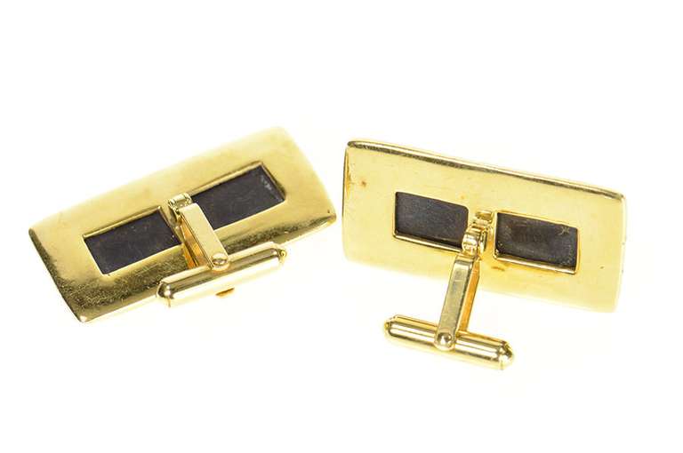 18K Yellow Gold Men's Rutilated Quartz Black Onyx Ornate Cuff Links