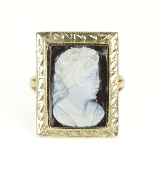 10K Yellow Gold Art Deco Two Tone Black Onyx Carved Cameo Ring