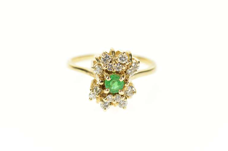 14K Yellow Gold Round Emerald Diamond Cluster Accent Ring