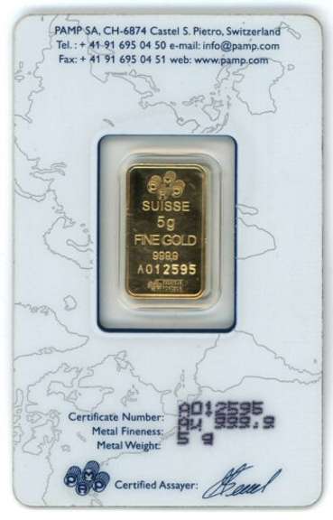 Pure .9999 Fine Gold Suisse PAMP 5 gram bar. Sealed with S/N