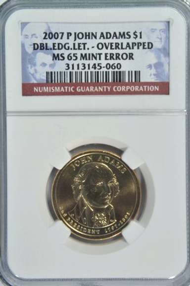 Gem BU 2007-P John Adams Golden $1 Mint Error. NGC MS65