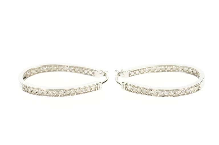 10K White Gold 1.00 Ctw Diamond Inside Outside Oval Hoop Earrings