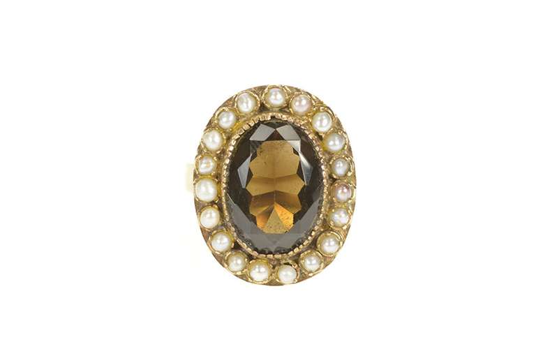 18K Yellow Gold Victorian Oval Smoky Quartz Pearl Halo Cocktail Ring