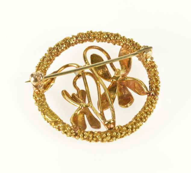 18K Yellow Gold Art Nouveau Blue Enamel Flower Diamond Pin/Brooch