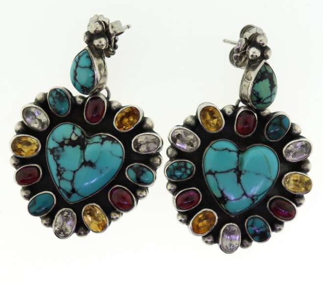 Sterling Silver Heart Shape Turquoise Drop Earrings
