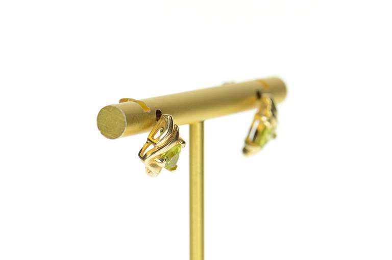 14K Yellow Gold Trillion Peridot Ornate Wavy Stud Earrings