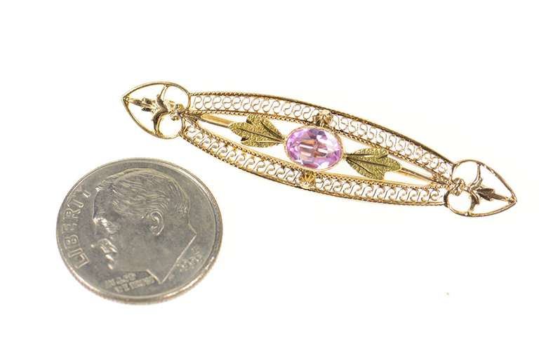 10K Yellow Gold Art Deco Pink Topaz Filigree Ornate Bar Pin/Brooch
