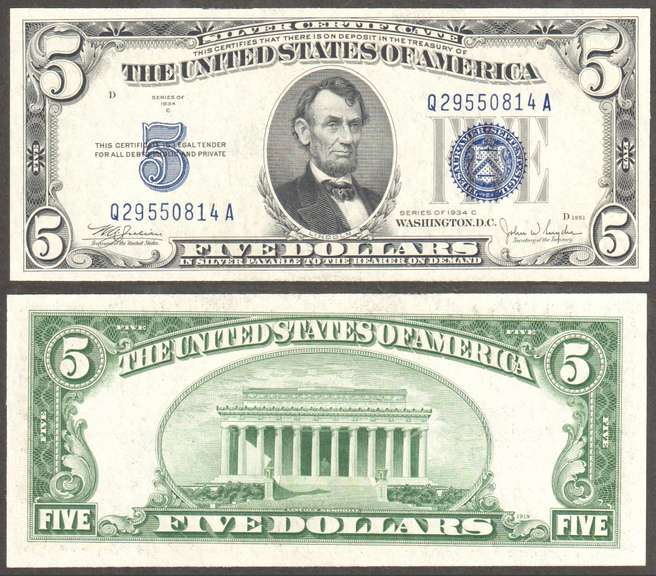 $5 1934-C Silver Certificate Fr.1653 Choice Crisp Uncirculated