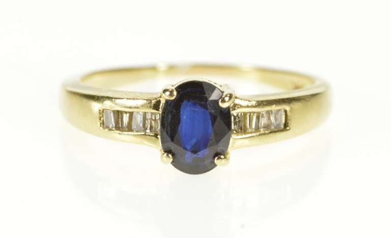 14K Yellow Gold Natural Sapphire Baguette Diamond Engagement Ring
