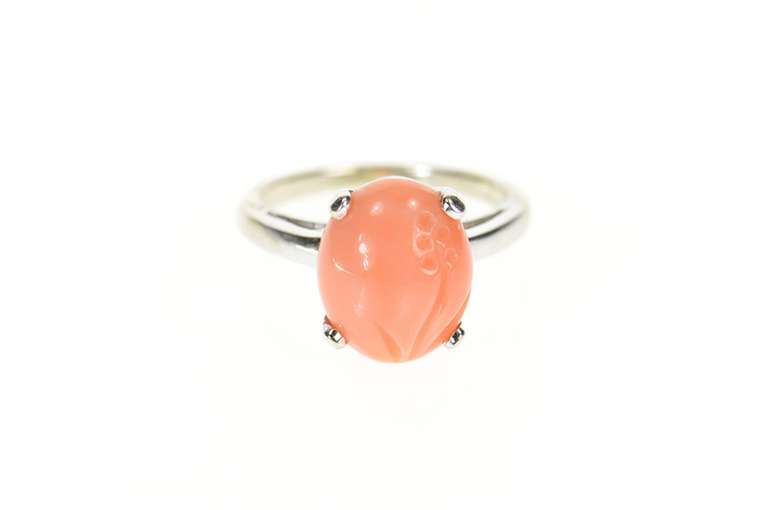 10K White Gold Retro Carved Flower Coral Cabochon Statement Ring
