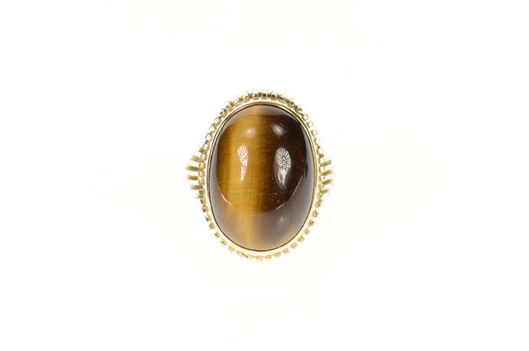 14K Yellow Gold Retro Ornate 1960's Tiger's Eye Cabochon Ring