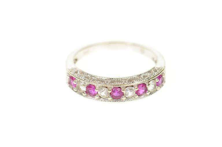 10K White Gold Ornate Heart Filigree Syn. Pink Sapphire CZ Ring