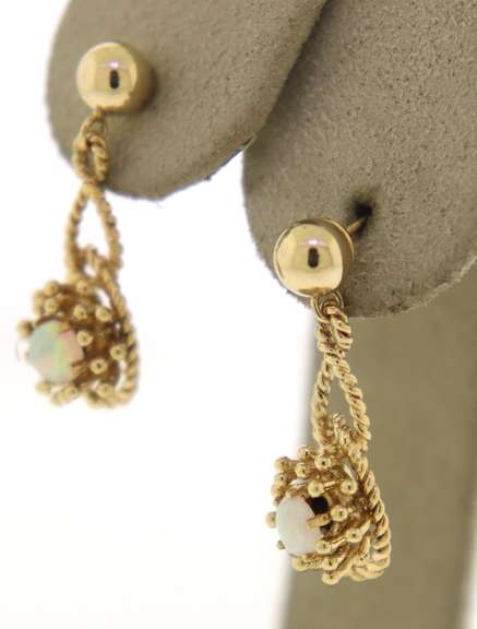 Beautiful Yellow Gold Opal Flower Style Dangle Earrings