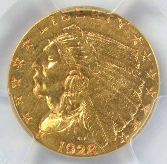 Near Mint 1928 US $2.50 Indian Gold Piece. PCGS AU55