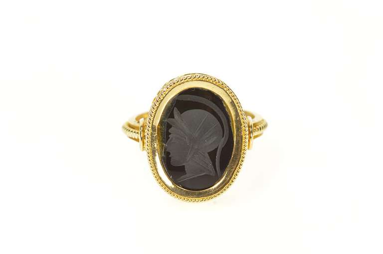 18K Yellow Gold Ornate Carved Black Onyx Intaglio Scrollwork Ring
