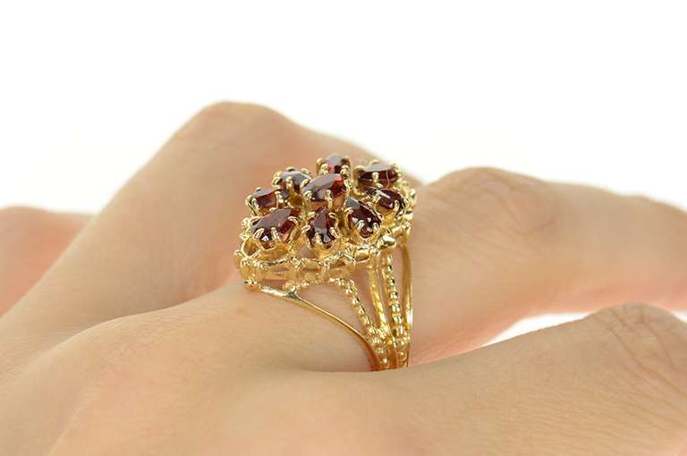 14K Yellow Gold Ornate Oval Garnet Halo Elaborate Cocktail Ring