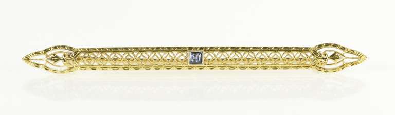 14K Yellow Gold Art Deco Filigree Princess Iolite Bar Pin/Brooch