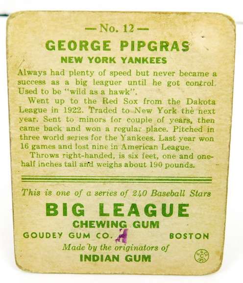 1933 George Pipgras, Yankees Goudey Gum Baseball Card