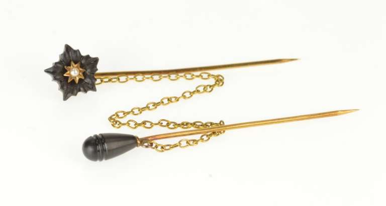 18K Yellow Gold Bakelite Flower Carved Tear Drop Seed Pearl Stick Pin