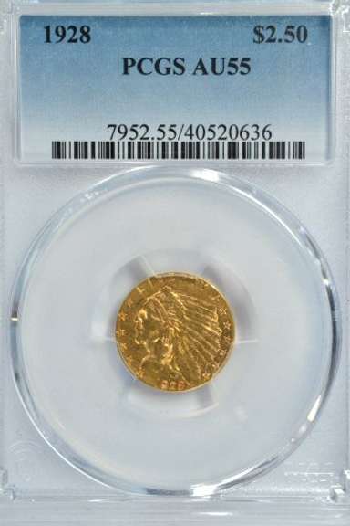 Near Mint 1928 US $2.50 Indian Gold Piece. PCGS AU55