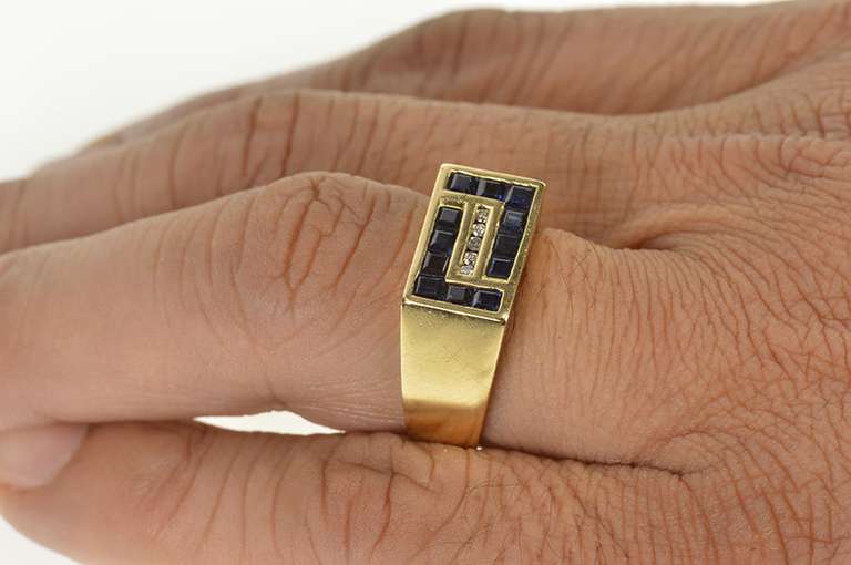 14K Yellow Gold Princess Sapphire Diamond Men's Squared Ring