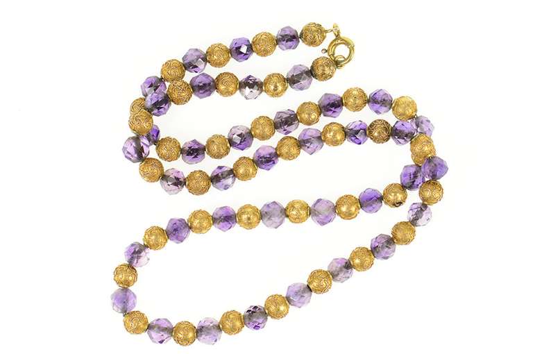 14K Yellow Gold Ornate Victorian Etched Beaded Amethyst Necklace