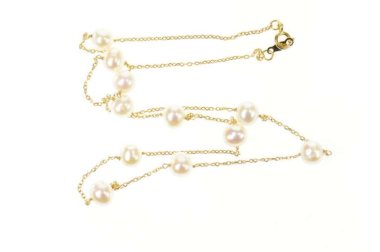 14K Yellow Gold 6.1mm Pearl Beaded Fancy Classic Chain Necklace