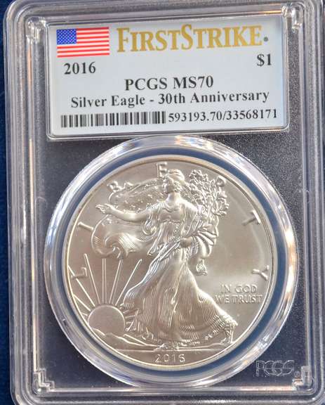 2016 $1 AMERICAN SILVER EAGLE PCGS MS70 FLAG FIRST STRIKE LABEL 30th ANNIVERSARY