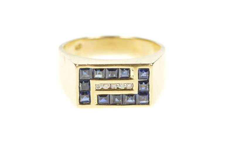 14K Yellow Gold Princess Sapphire Diamond Men's Squared Ring