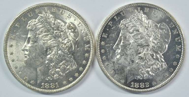 Lustrous-white 1881-O & 1882-O Morgan Silver Dollars