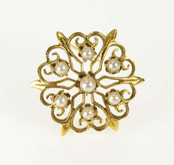 14K Yellow Gold 1950's Scroll Filigree Pearl Statement Pin/Brooch