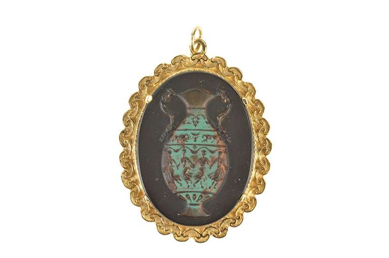 14K Yellow Gold Ornate Ceramic Painted Urn Vase Medallion Pendant